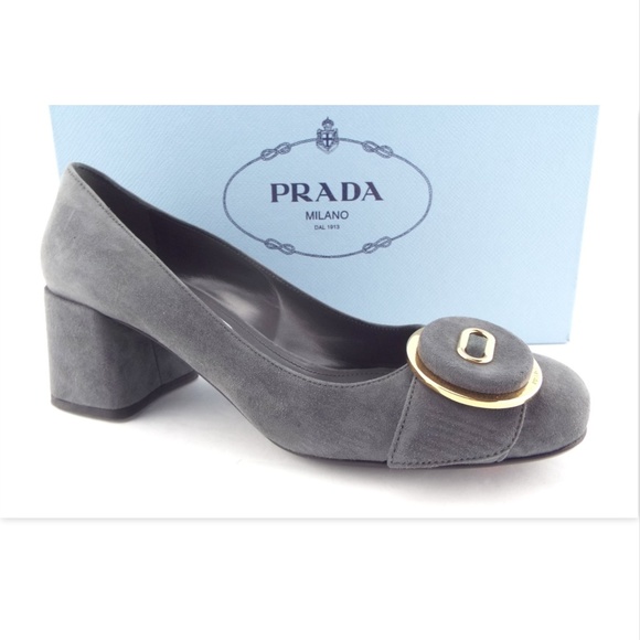 New PRADA Logo Detail Button Accent Ash Gray Suede Leather Block Heel Pumps 36.5 - Picture 1 of 8